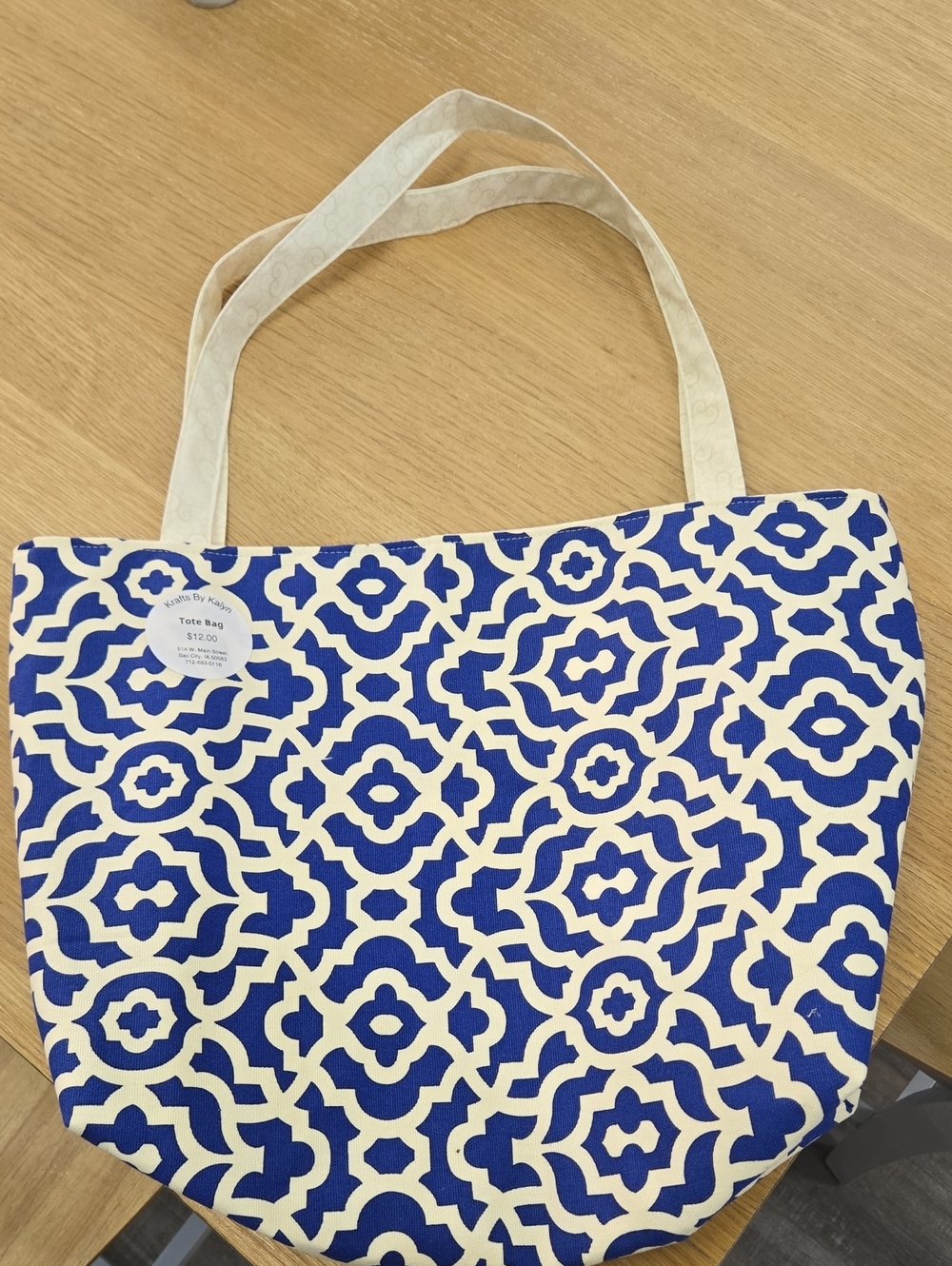 Blue and Cream Patterned Tote Bag by